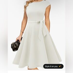 Cap-Sleeve Cream Midi Dress with Waist Tie